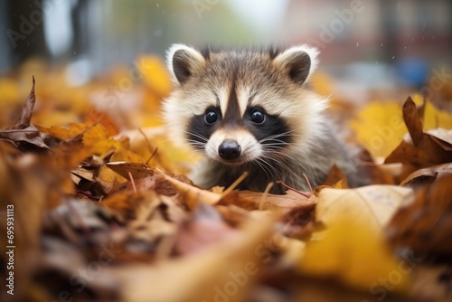 raccoon amidst fallen city leaves in autumn