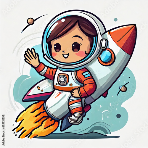 cute astronaut riding rocket and waving hand cartoon icon illustration