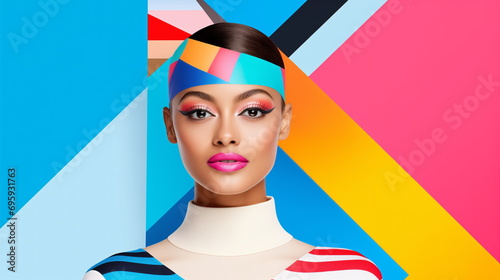 Beauty woman bright makeup, style of bold colorism, geometric shapes in bright fashion pop art design photo