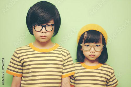 Adorable Asian siblings in striped outfits and glasses, standing against a soft green background with a serious expression
