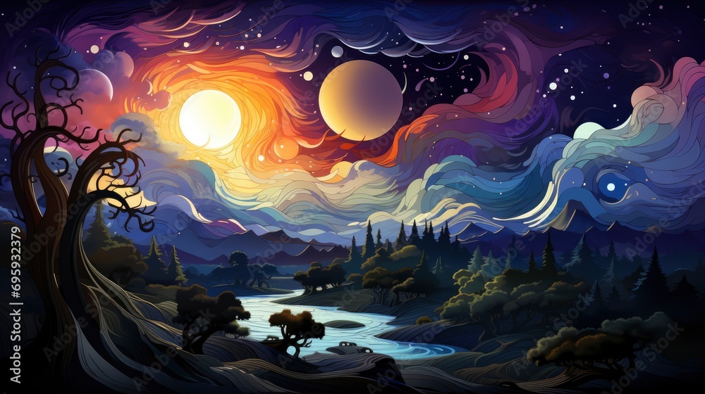 Fototapeta premium Swirl Stars Night Sky Over Grand, Background Banner HD, Illustrations , Cartoon style