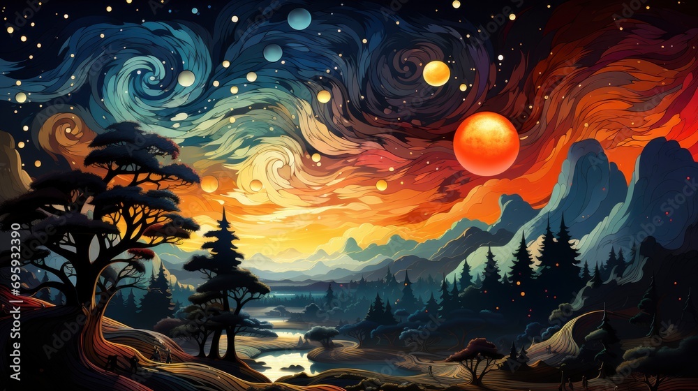 Fototapeta premium Swirl Stars Night Sky Over Grand, Background Banner HD, Illustrations , Cartoon style