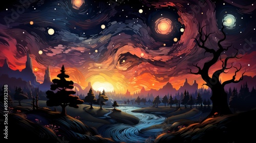 Swirl Stars Night Sky Over Grand, Background Banner HD, Illustrations , Cartoon style