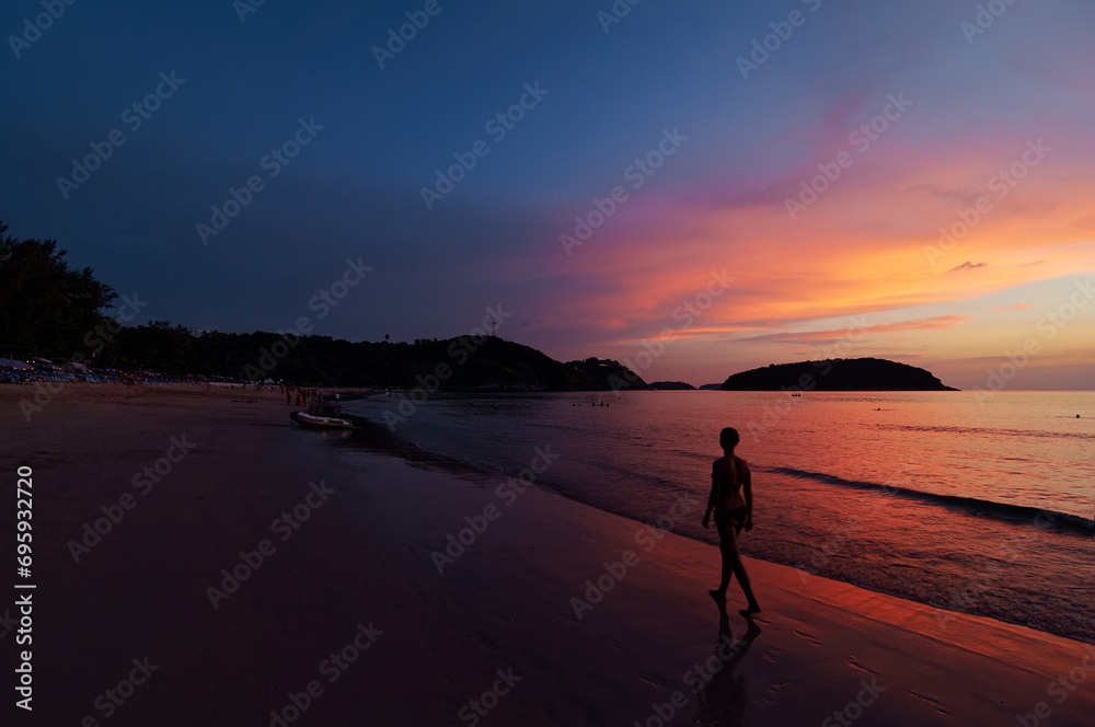 Beautiful landscape. Tropical sunset on the sea shore.