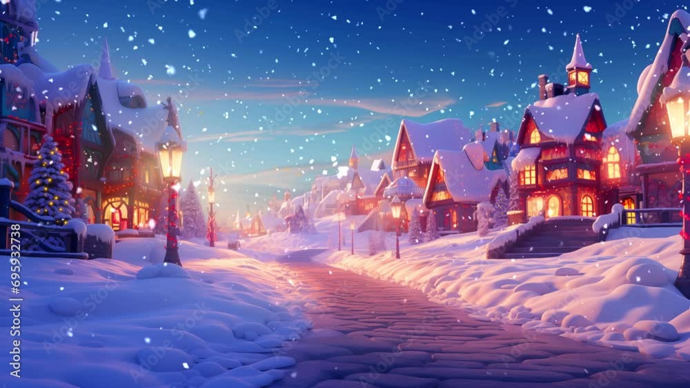 christmas decoration in the village in the snow with cartoon style. seamless looping time-lapse virtual video animation background. christmas decoration in the village in the snow with cartoon style. seamless looping time-lapse virtual video animation background.