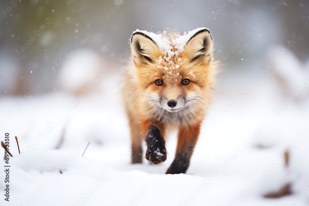 fox with snow-dusted fur during snowfall fox with snow-dusted fur during snowfall