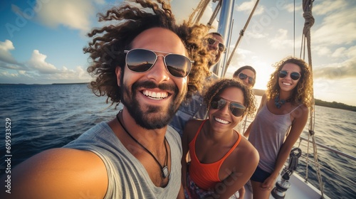 selfie of group of diverse young happy friends on a boat at sea © Barosanu