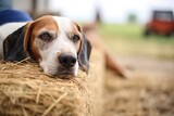 farm dog resting by a hay stack
