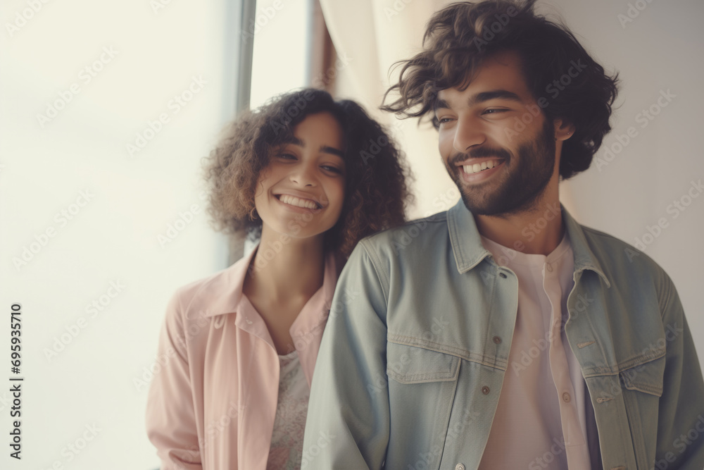 Joyful young couple in soft pastel attire looking away with hopeful expressions, symbolizing optimism and shared dreams in an intimate setting. Joyful young couple in soft pastel attire looking away with hopeful expressions, symbolizing optimism and shared dreams in an intimate setting.
