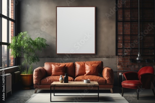 frame with blank poster mockup in room in modern loft style in grey colors