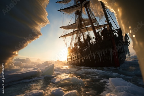pirates ship stuck in ice on the north pole, low angle view photo