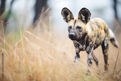 wild dog with alert expression during a hunt