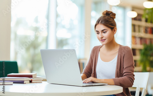young female student studying on laptop