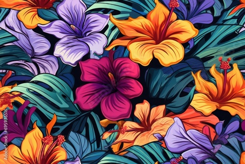 beautiful multicolored seamless pattern with tropical flowers and lush exotic leaves