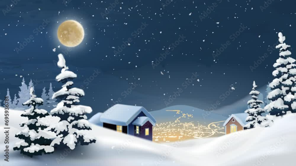 Snow falling on cute village in forest. Winter Snow covered animated trees landscape Snow falling on cute village in forest. Winter Snow covered animated trees landscape