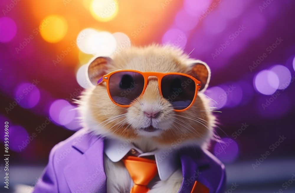 looking at his little glasses, the hamster is dressed in sunglasses and a suit