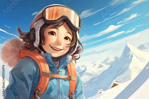 cartoon style illustration with a smiling girl on a ski slope