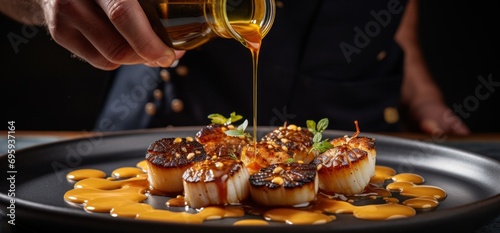 man pours some sauce over scallops on a plate