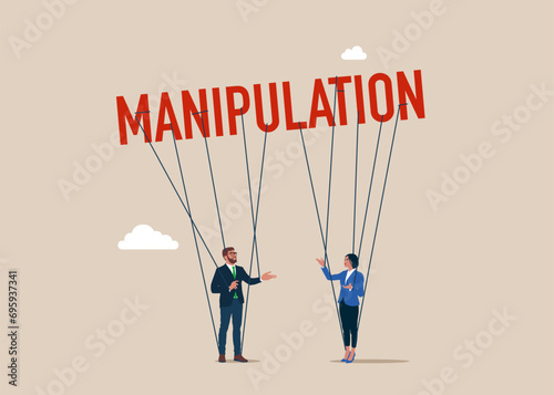 Manipulate man mind. Puppets in the business meeting.  Flat vector illustration