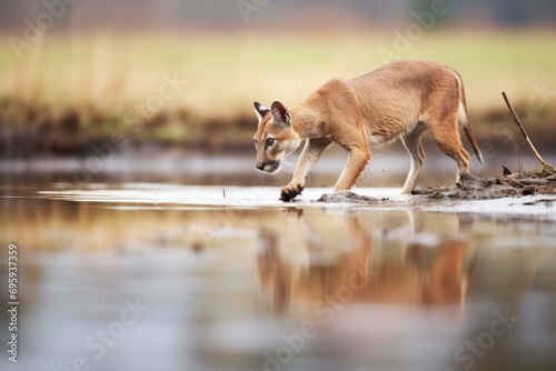 puma pacing edge of a pond, hunting photo