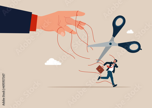 Cuts the threads between the puppeteer and the puppet with scissors. Manipulation marionette. Vector illustration
