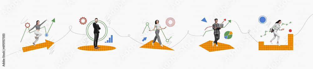 3d magazine collage image of purposeful working people achieving success isolated white color background 3d magazine collage image of purposeful working people achieving success isolated white color background