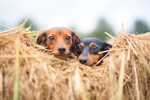 dachshunds playing hide and seek in haystacks