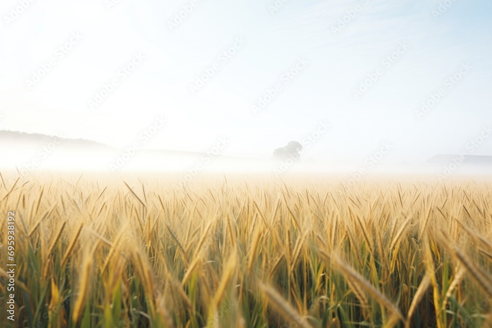 fog hovering over a field of wheat
