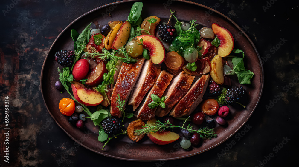 Savory sophistication, Sliced roast pork artfully plated on black Savory sophistication, Sliced roast pork artfully plated on black