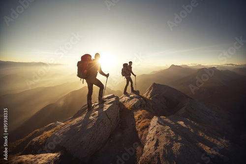 Couple of hikers on top of high mountains at sunset or sunrise, walking and enjoying their team achievement, climbing success, adventure  and freedom, looking towards the horizon photo