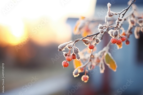 sparkling frost on a bunch of serviceberries at dawn photo