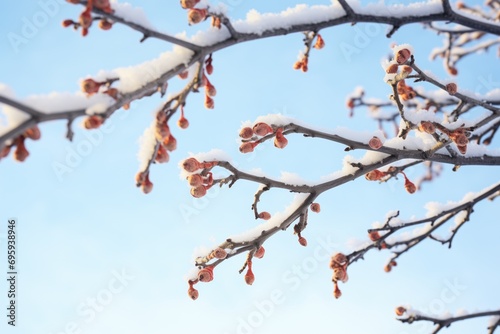 branches with frozen mulberries against a clear sky