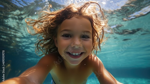 child taking selfie undewater while swimming with a smile © Barosanu