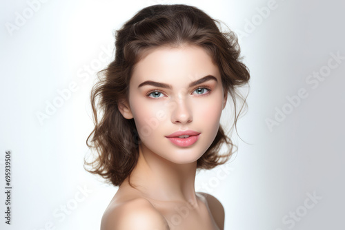 Portrait of beautiful young woman with clean fresh skin, isolated on white background
