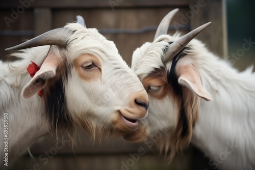 two white goats with black patches playfully head-butting photo