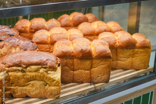 Soft fluffy white bread loaf, Japanese milk bread on display in a store