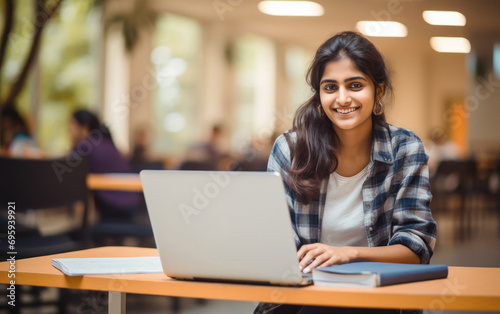 young indian female student studying on laptop photo