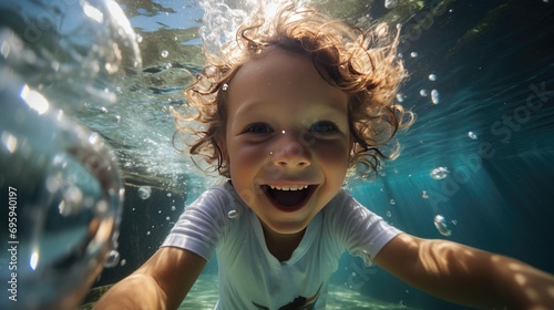 child taking selfie undewater while swimming with a smile