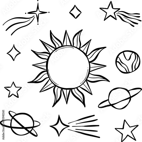 Hand drawn celestial clip art vector illustration elements, sun shooting stars and planets, isolated collection