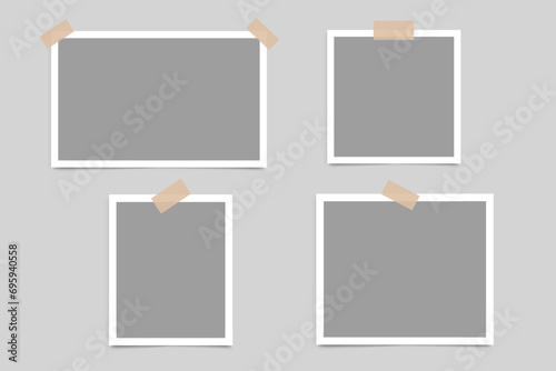 Photo frame collection. Blank photo frame design with adhesive tape. Photography album frame mockup template. Vector illustration