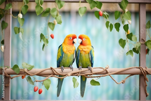 duo of lovebirds on an ivy-covered wooden trellis photo