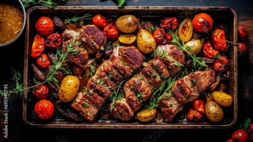 Savor the moment, Top view of succulent baked pork with fresh vegetables in a dark baking dish