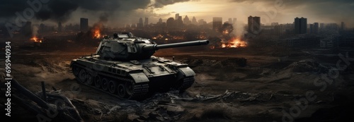 the tank driving through an apocalyptic city in the background