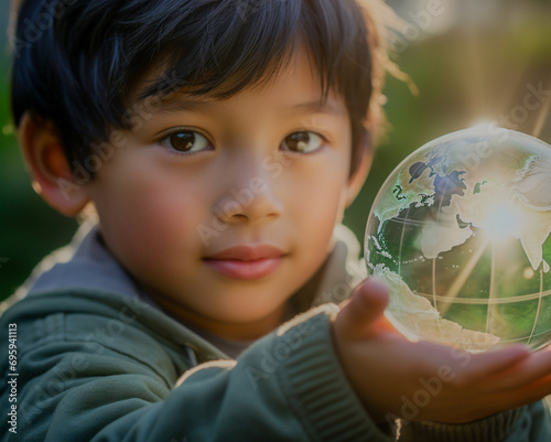 Criança segurando uma lâmpada em meio à natureza. Conceito de sustentabilidade e energia renovável para as gerações futuras.
 photo