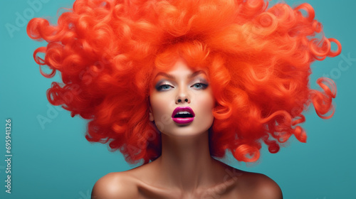 Close up portrait of a young woman with bright red hair an make up, on a blue turquoise background. Minimalistic. 