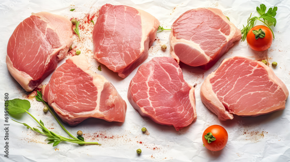 Fresh possibilities, Raw pork steaks presented on parchment Fresh possibilities, Raw pork steaks presented on parchment