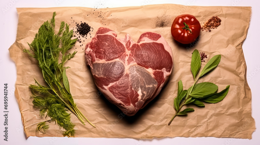 Heartfelt flavor, Heart shaped beef steaks on parchment, a romantic culinary touch on a white isolated background. Ideal for creative stock photos.