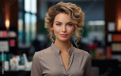 young confidant business woman standing at shop