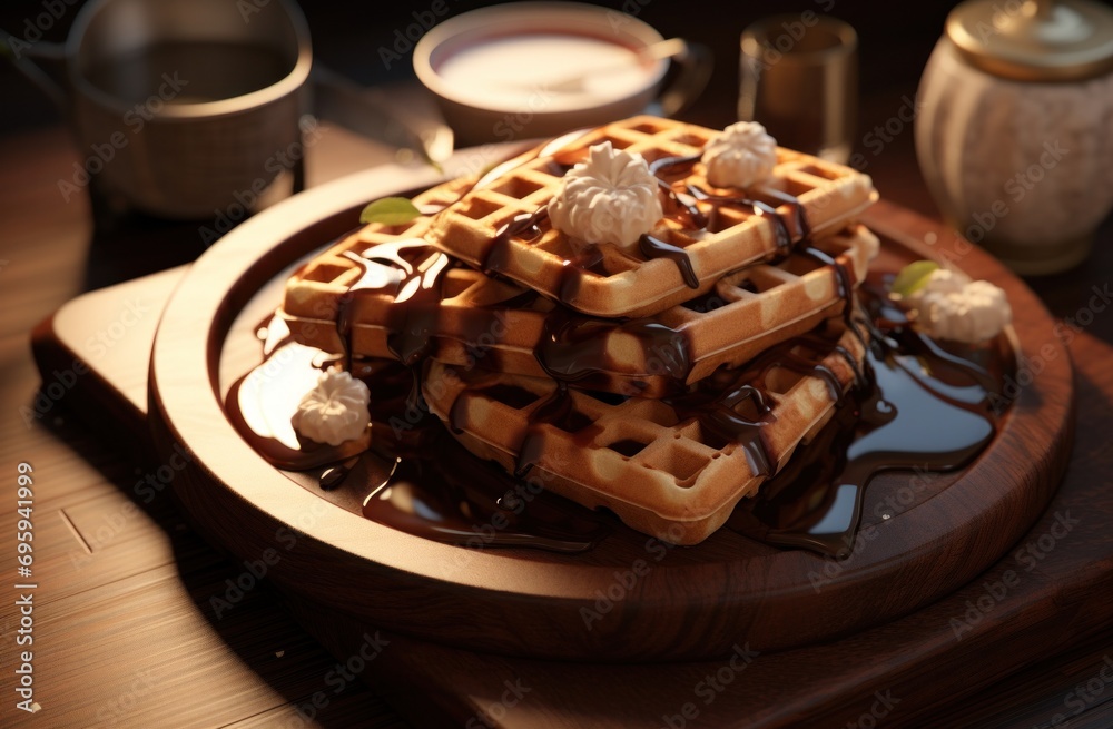 waffles on a black plate with whipped cream and caramel