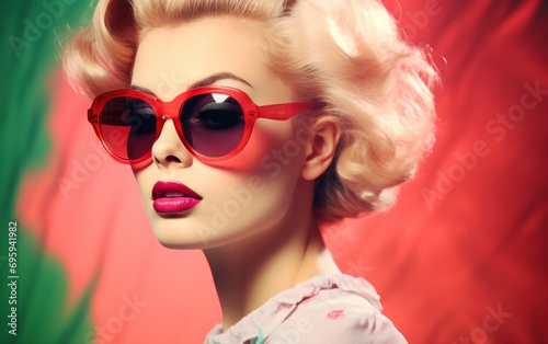 vintage blonde woman wearing hot pink sunglasses vintage style
